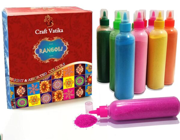 CraftVatika 12 Rangoli Colour Powder Tube Kit, Diwali Decoration Items Bottles Tool Floor Art Rang for Home Navratri Pongal Pooja Mandir Decor (Pack of 12) (1 Box- 12 Bottle) - Image 3