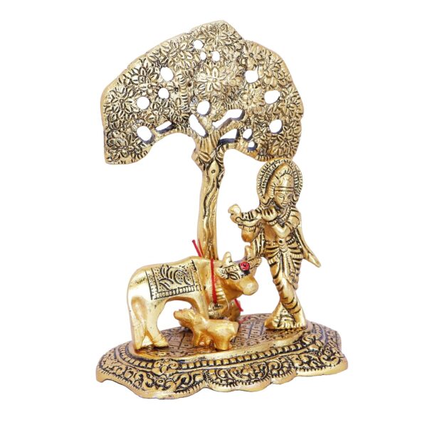 KridayKraft Prince Home Decor & Gifts Metal Krishna With Cow Standing Under Tree Plying Flute (Gold, 12.5X8X16Cm), 1 Piece - Image 7