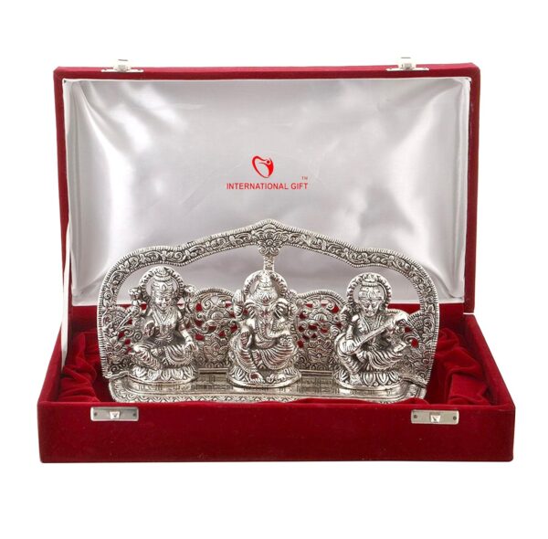 INTERNATIONAL GIFT® Silver Laxmi Ganesh Sarswati Idol Statue Oxidized Finish with Red Velvet Box Packing with Beautiful Carry Bag (14 cm X 25 cm X 5 cm) - Image 2