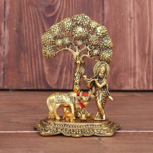 KridayKraft Prince Home Decor & Gifts Metal Krishna With Cow Standing Under Tree Plying Flute (Gold, 12.5X8X16Cm), 1 Piece - Image 2