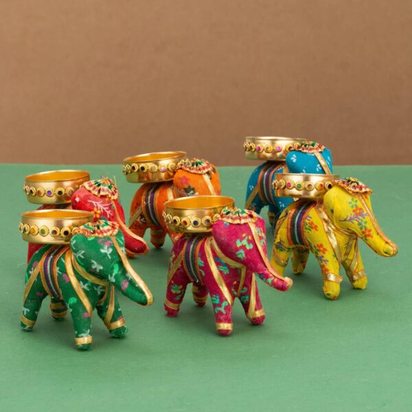 JH Gallery Handcrafted Recycled Material Elephant Tealight Candle Holder Home Decoration Item for Diwali Decor (Multicolor, 8 X 5 X 10 Cm) - Pack of 6 - Image 2