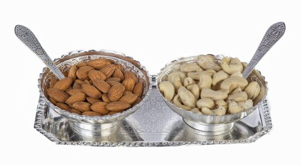INTERNATIONAL GIFT® German Silver Brass Two Bowl with Two Spoon and with Single Tray with Beautiful Velvet Box Packing with Carry Bag Uses for Dry Fruit | Chocolate | Sweet | HomeDecor - Image 3