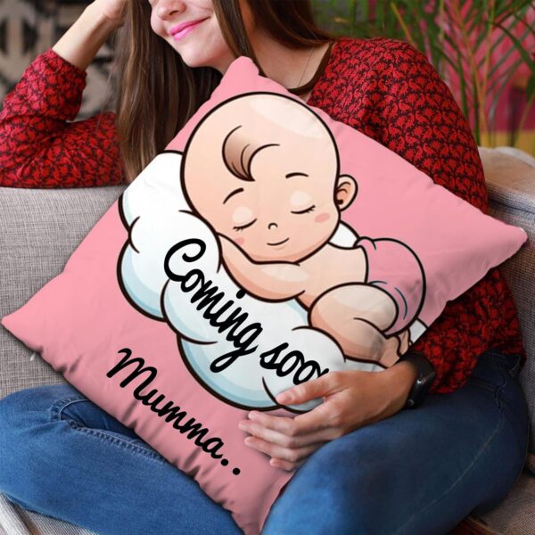 AWANI TRENDS Coming Soon Mumma Pregnant Gift for Wife Women Sister Pregnancy Gift for Baby Shower Printed Cushion Cover(12 X 12 Inch) with Filler-Pink - Image 3
