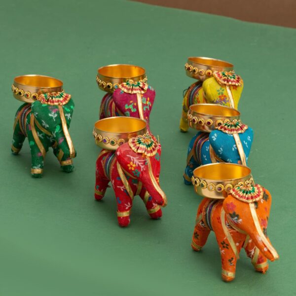 JH Gallery Handcrafted Recycled Material Elephant Tealight Candle Holder Home Decoration Item for Diwali Decor (Multicolor, 8 X 5 X 10 Cm) - Pack of 6 - Image 6