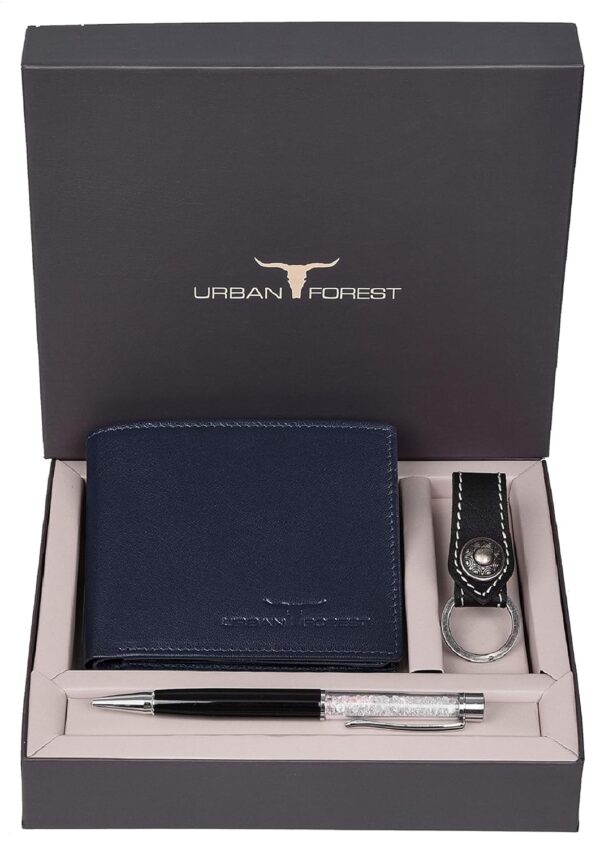 URBAN FOREST Sherlock Blue Leather Wallet, Keyring & Pen Combo Gift Set for Men - Image 2