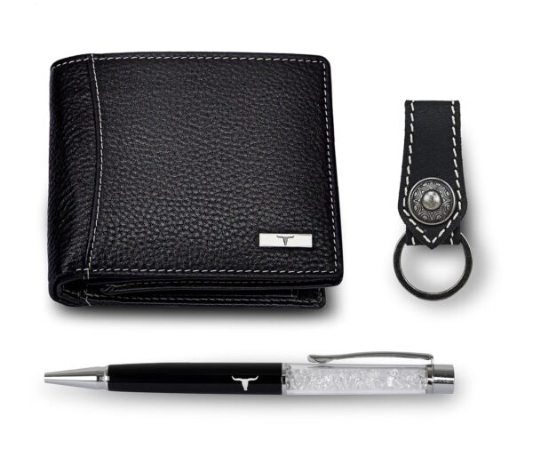 URBAN FOREST Oliver Black Leather Wallet, Black Keychain & Pen Combo Gift Set for Men - Image 2