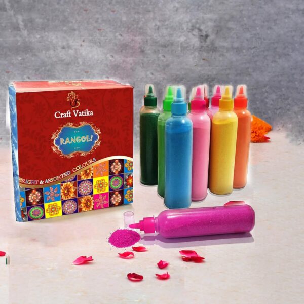 CraftVatika 12 Rangoli Colour Powder Tube Kit, Diwali Decoration Items Bottles Tool Floor Art Rang for Home Navratri Pongal Pooja Mandir Decor (Pack of 12) (1 Box- 12 Bottle) - Image 2