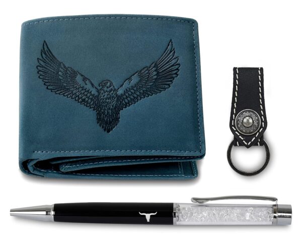 URBAN FOREST Zylo Vintage Blue Leather Wallet + Keychain + Pen Combo Gift Set for Men - Image 2