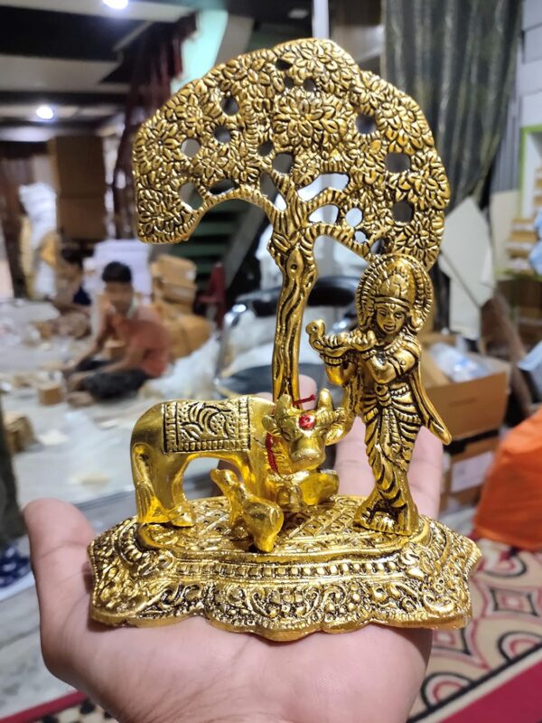 KridayKraft Prince Home Decor & Gifts Metal Krishna With Cow Standing Under Tree Plying Flute (Gold, 12.5X8X16Cm), 1 Piece - Image 9