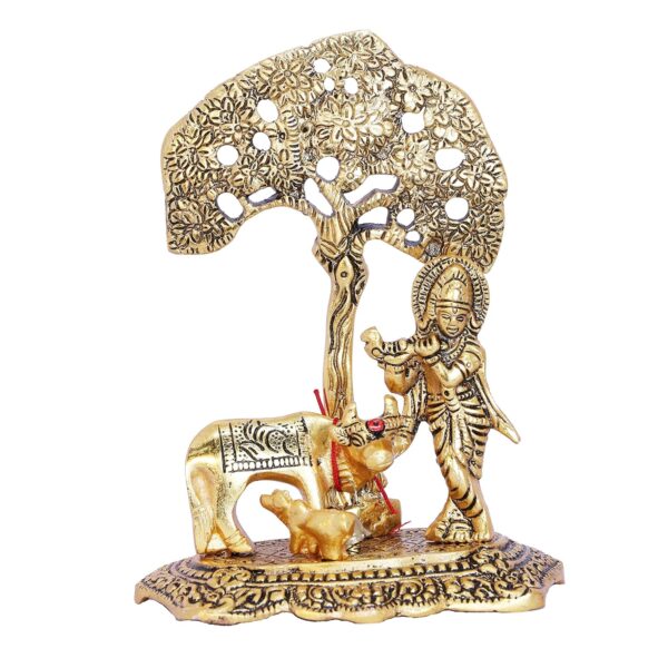 KridayKraft Prince Home Decor & Gifts Metal Krishna With Cow Standing Under Tree Plying Flute (Gold, 12.5X8X16Cm), 1 Piece - Image 5