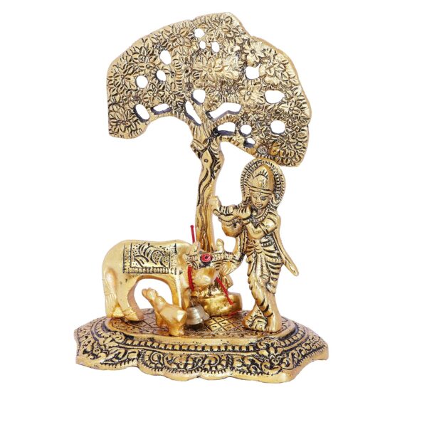 KridayKraft Prince Home Decor & Gifts Metal Krishna With Cow Standing Under Tree Plying Flute (Gold, 12.5X8X16Cm), 1 Piece - Image 6