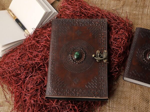 ALCRAFT Real Leather Green Stone Brown Embossed Handmade Diary with Metal Lock -Size of (H) 6*(L) 4.5 Brown - Image 7