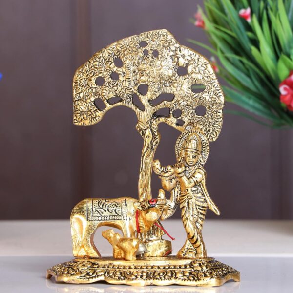 KridayKraft Prince Home Decor & Gifts Metal Krishna With Cow Standing Under Tree Plying Flute (Gold, 12.5X8X16Cm), 1 Piece - Image 3