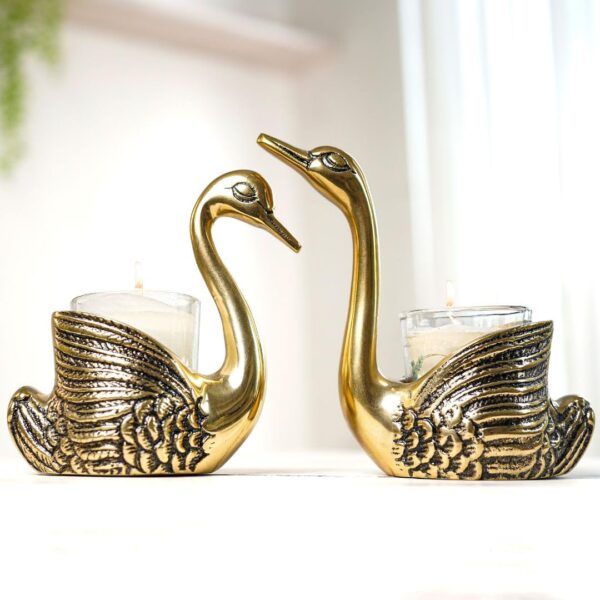 BEHOMA Metal Pair of Swans for Good Luck and Love|Candle Holder for Home Decor Tabletop Living Room Office|Showpiece Vastu Statue for Gifting (Candles/Plants Etc Not Included), Gold - Image 2