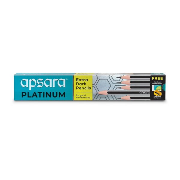 Apsara Platinum Pencils | Hexagonal Body for Strong Grip | Extra Dark | Easy Sharpening |Free Sharpener & Eraser | Non-Toxic | Use for School, College students & office person | Pack of 10 pencils - Image 2