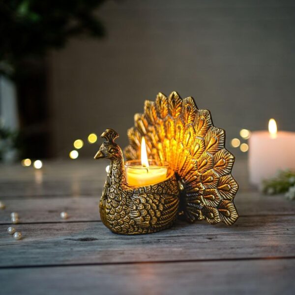 Behoma Metal Dancing Peacock Vastu Figurine for Good Luck and Love | Candle Holder for Home Dcor Tabletop Living Room Office | Showpiece Statue for Gifting (Scented Glass Votive Candle Included), Gold - Image 9