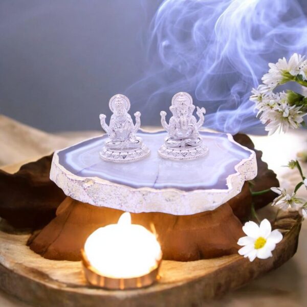 11 Gram LBV Silver Lord Laxmi Ganesha Pair Idol with Raisin Agate Stone and Glass Bottle of Ganga Jal for Pooja Housewarming Diwali Gift - Image 3