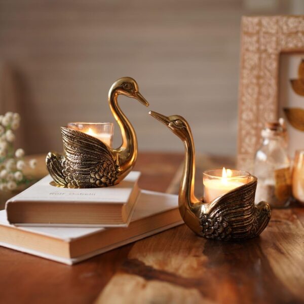 BEHOMA Metal Pair of Swans for Good Luck and Love|Candle Holder for Home Decor Tabletop Living Room Office|Showpiece Vastu Statue for Gifting (Candles/Plants Etc Not Included), Gold - Image 8
