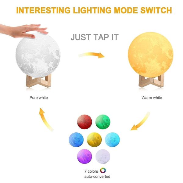 3D Moon Lamp 7 Colour 15 cm Changeable Sensor Moon Night Lamp for Bedroom, Touch Lamp, Moonlight Lamp with Stand & USB for Bedside, Valentine Gifts, Festival Gifts, Corporate Gifts, Wedding Gift - Image 3