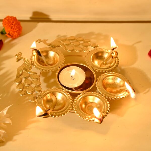 Ascension Peacock Diya Shape Decorative Urli Bowl for Home Decor with 5 Attached Oil Diyas for Floating Flowers and Tealight Candles Home Table | Diwali Decoration Items for Home Pooja Room (7 inch) - Image 3