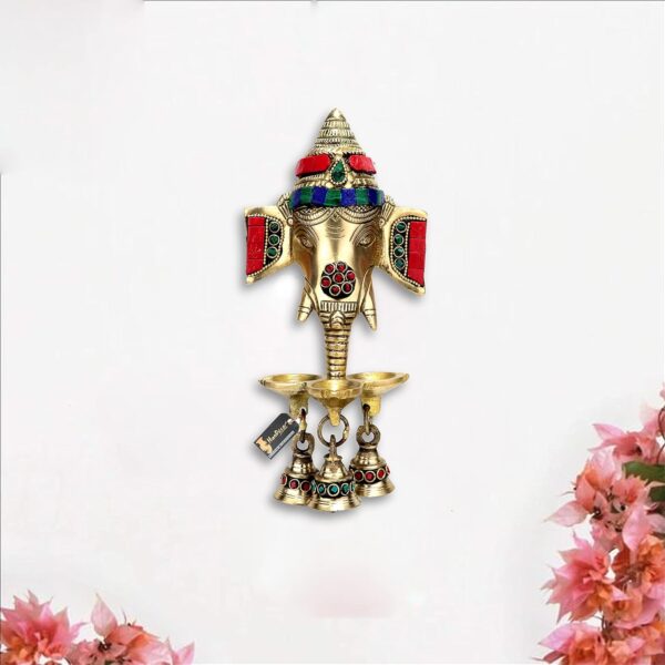 Two Moustaches Gemstone Work Brass Ganesha Wall Hanging Diya with Bells for Home Decor, Brass Hanging Diyas Oil Lamp, Diwali Gifts, Diyas for Diwali, Ghanti for Pooja, Temple Decor, Pack of 1 - Image 6