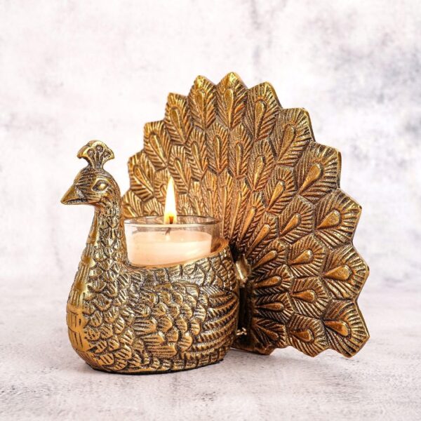 Behoma Metal Dancing Peacock Vastu Figurine for Good Luck and Love | Candle Holder for Home Dcor Tabletop Living Room Office | Showpiece Statue for Gifting (Scented Glass Votive Candle Included), Gold - Image 2