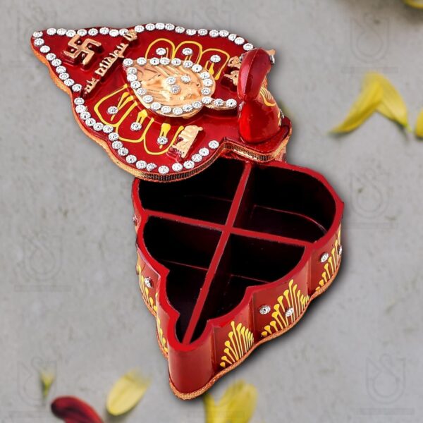 UrbanShilp Handicrafts Meenakari Work Tika Chopra in Peacock Shape with Roli Chawal and Tika Stick Wooden Chopda for Gift and Pooja Decorative Item (puja storage box) - Image 7