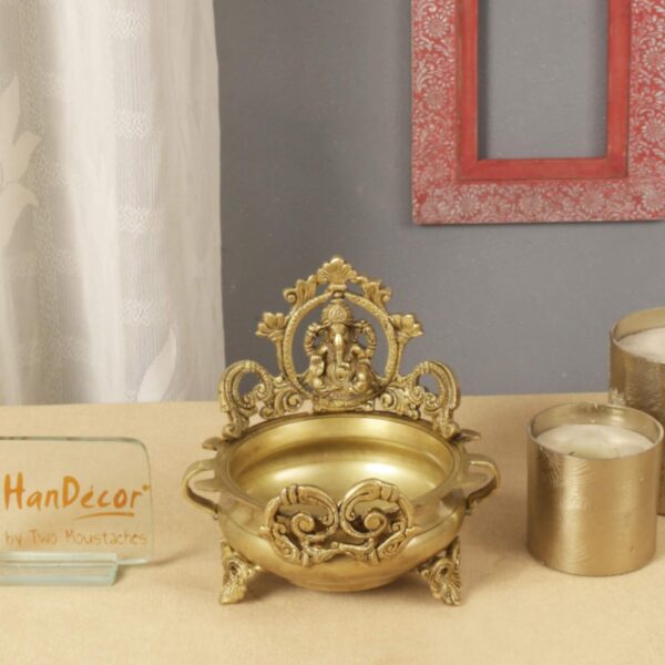 Two Moustaches Brass Ethnic Carved Ganesha Design 7 Inches Brass Urli Decor Bowl, Golden, Urli Bowl for Home Decor, Uruli for Flower Decoration, Brass Pot, Brass Bowls for Pooja, Standard, Pack of 1 - Image 4