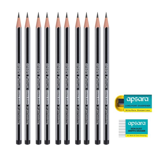 Apsara Platinum Pencils | Hexagonal Body for Strong Grip | Extra Dark | Easy Sharpening |Free Sharpener & Eraser | Non-Toxic | Use for School, College students & office person | Pack of 10 pencils - Image 9
