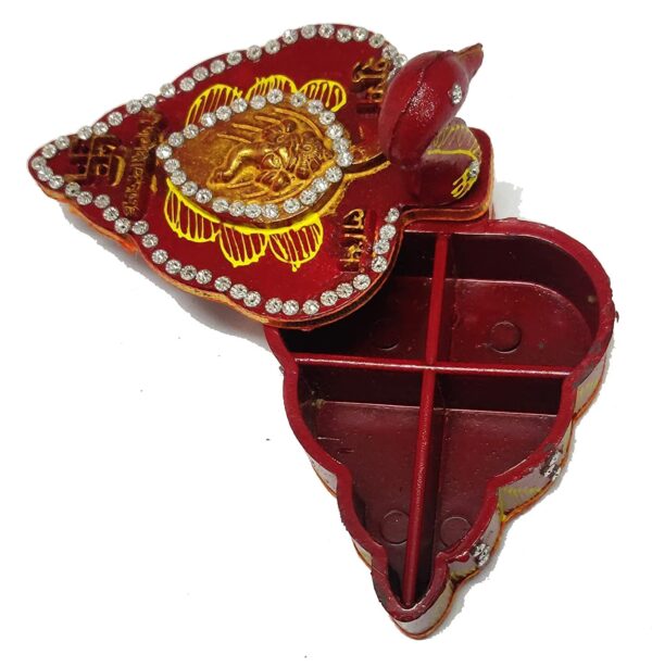Aadittral Pack of 1 Handicrafts Tika Chopra in Peacock Shape Meenakari Work/Kumkum Box with Chawal-Akshat-Haldi Wooden Chopda for Gift and Pooja Decorative Purpose Item #PPCN001 - Image 3
