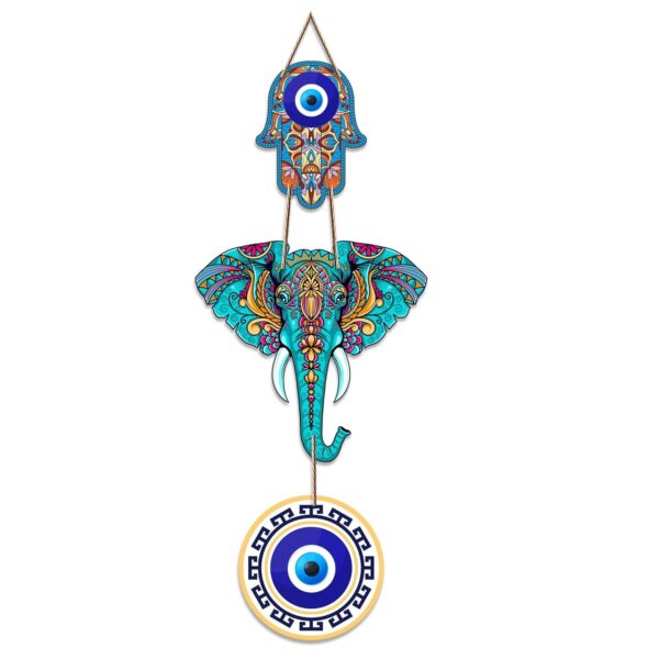 Artvibes Designer Elephant Wooden Wall Hanging for Home Decor | Hamsa Hand Decoration for Livingroom | Modern Artworks Items | Peace Charm Door Accent Decorative Hangings (WH_8506N) - Image 2
