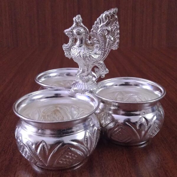 Varalakshmi German Silver 3 Cups Kumkum Holder with Peacock Handle Washable 10 X 4 Cms - Image 2