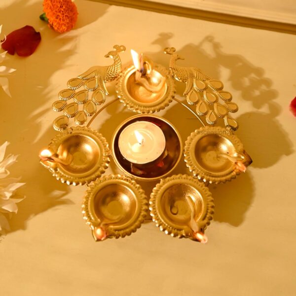 Ascension Peacock Diya Shape Decorative Urli Bowl for Home Decor with 5 Attached Oil Diyas for Floating Flowers and Tealight Candles Home Table | Diwali Decoration Items for Home Pooja Room (7 inch) - Image 4