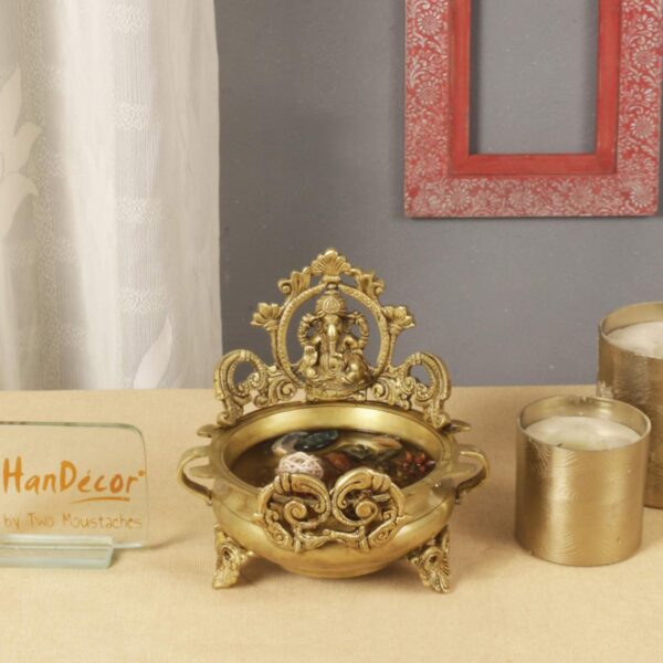 Two Moustaches Brass Ethnic Carved Ganesha Design 7 Inches Brass Urli Decor Bowl, Golden, Urli Bowl for Home Decor, Uruli for Flower Decoration, Brass Pot, Brass Bowls for Pooja, Standard, Pack of 1 - Image 5