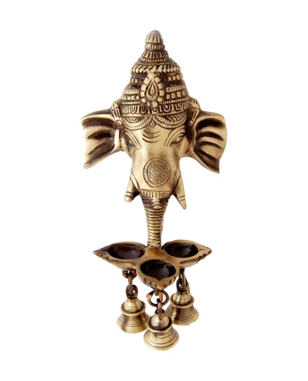 Two Moustaches Brass Ganesha Wall Hanging Diya with Bells for Home Decor, Brass Hanging Diyas Oil Lamp, Diwali Gifts, Diyas for Diwali, Ghanti for Pooja, Brass Diya, Temple Decor, Standard, Pack of 1 - Image 2