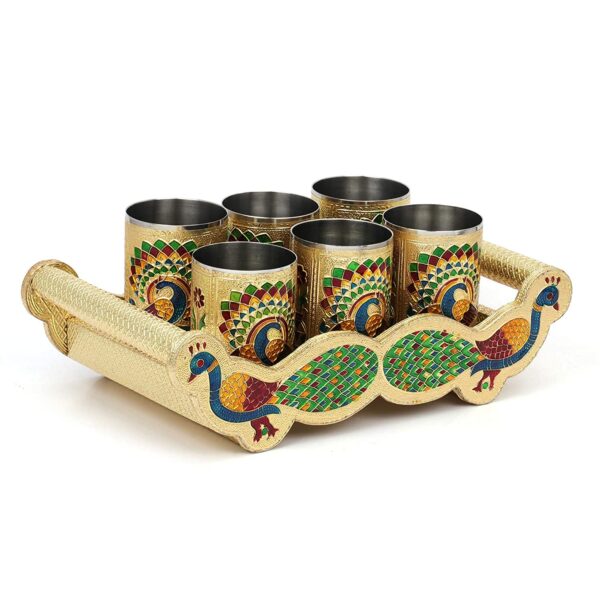 VishAl smart MAll Stainless Steel Handmade Meenakari Peacock Design Decorative Glass Set for Home Traditional Indian Style 250 ml Glass (Pack of 6) (Peacock Design Glass with Wooden Tray) - Image 2