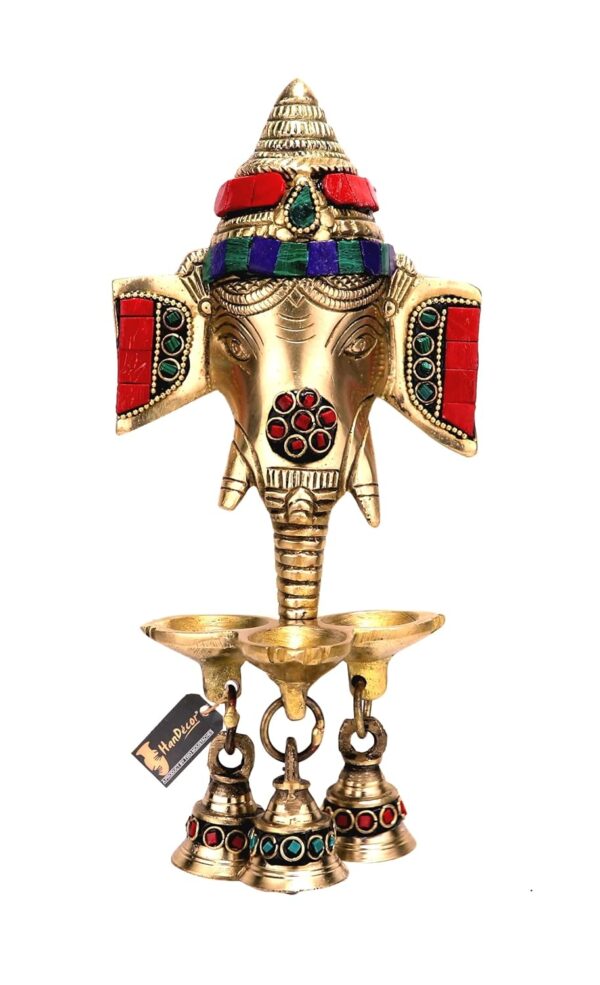 Two Moustaches Gemstone Work Brass Ganesha Wall Hanging Diya with Bells for Home Decor, Brass Hanging Diyas Oil Lamp, Diwali Gifts, Diyas for Diwali, Ghanti for Pooja, Temple Decor, Pack of 1 - Image 2