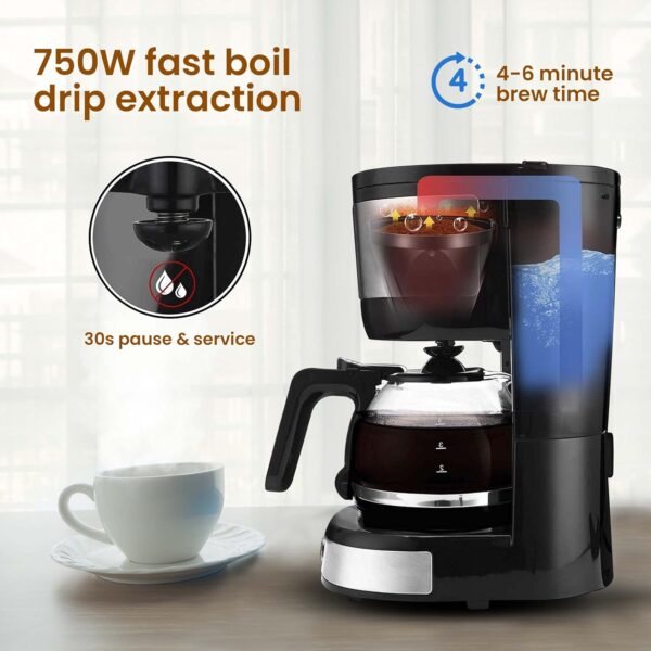 AGARO Royal 4 Big Cups Drip Coffee Maker, 600 Ml Borosilicate Glass Carafe Jar, 750W, Water tank with Level Indicator, Brewer Machine with Cone Filter, Auto Shut Off, Stainless Steel Body, Black - Image 3