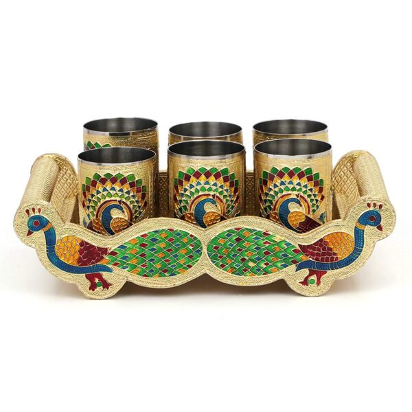 VishAl smart MAll Stainless Steel Handmade Meenakari Peacock Design Decorative Glass Set for Home Traditional Indian Style 250 ml Glass (Pack of 6) (Peacock Design Glass with Wooden Tray) - Image 4