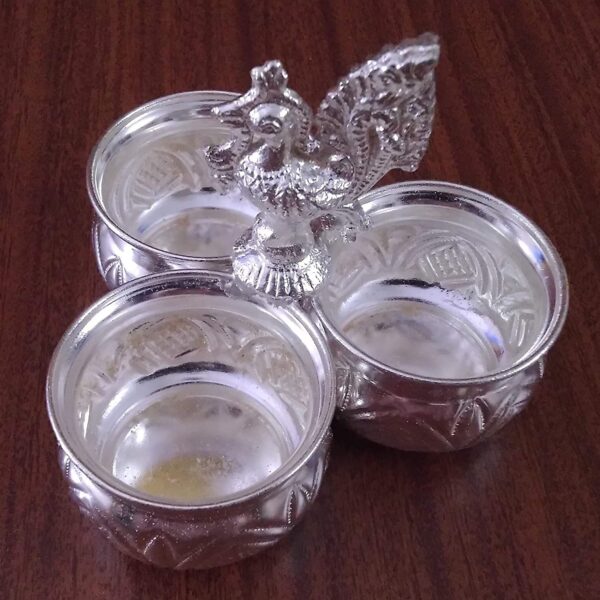 Varalakshmi German Silver 3 Cups Kumkum Holder with Peacock Handle Washable 10 X 4 Cms - Image 3