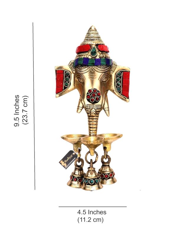 Two Moustaches Gemstone Work Brass Ganesha Wall Hanging Diya with Bells for Home Decor, Brass Hanging Diyas Oil Lamp, Diwali Gifts, Diyas for Diwali, Ghanti for Pooja, Temple Decor, Pack of 1 - Image 5