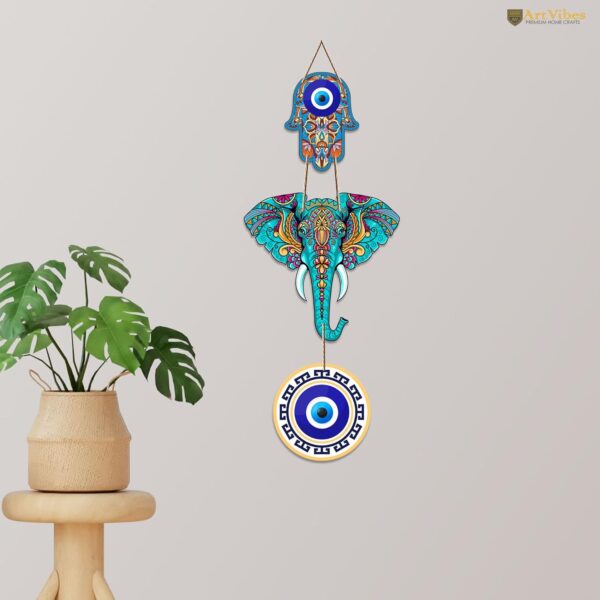 Artvibes Designer Elephant Wooden Wall Hanging for Home Decor | Hamsa Hand Decoration for Livingroom | Modern Artworks Items | Peace Charm Door Accent Decorative Hangings (WH_8506N) - Image 3
