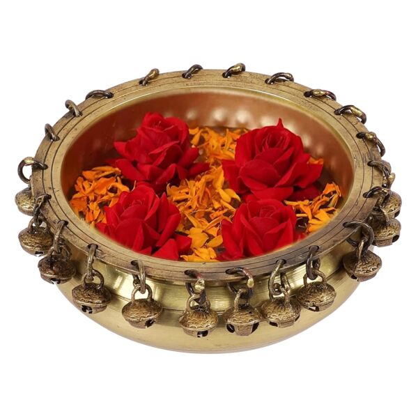Two Moustaches Ethnic Traditional 6 Inches Brass Urli Bowl with Bells Showpiece, Brass Urli for Decor, Housewarming Gifts, Standard, Pack of 1 - Image 3