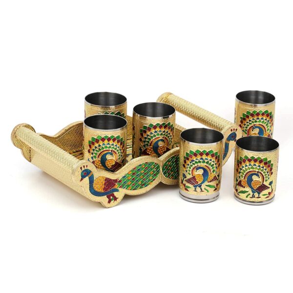 VishAl smart MAll Stainless Steel Handmade Meenakari Peacock Design Decorative Glass Set for Home Traditional Indian Style 250 ml Glass (Pack of 6) (Peacock Design Glass with Wooden Tray) - Image 3