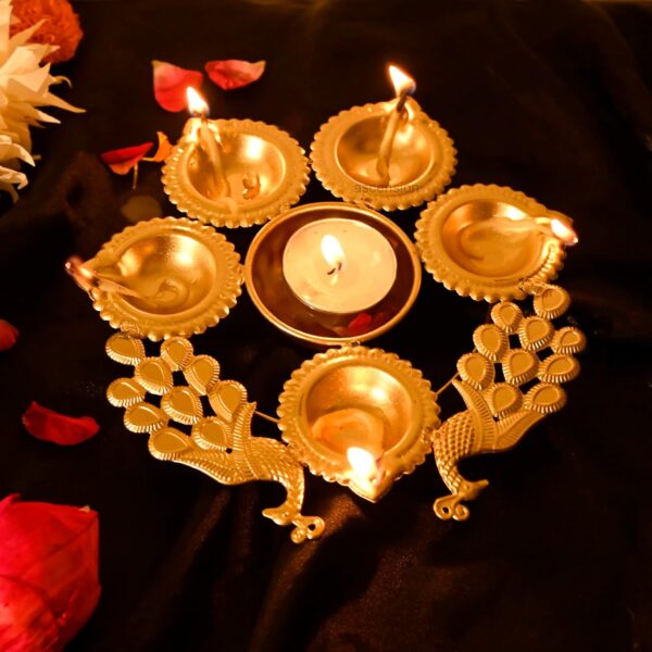Ascension Peacock Diya Shape Decorative Urli Bowl for Home Decor with 5 Attached Oil Diyas for Floating Flowers and Tealight Candles Home Table | Diwali Decoration Items for Home Pooja Room (7 inch) - Image 2