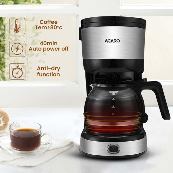 AGARO Royal 4 Big Cups Drip Coffee Maker, 600 Ml Borosilicate Glass Carafe Jar, 750W, Water tank with Level Indicator, Brewer Machine with Cone Filter, Auto Shut Off, Stainless Steel Body, Black - Image 5
