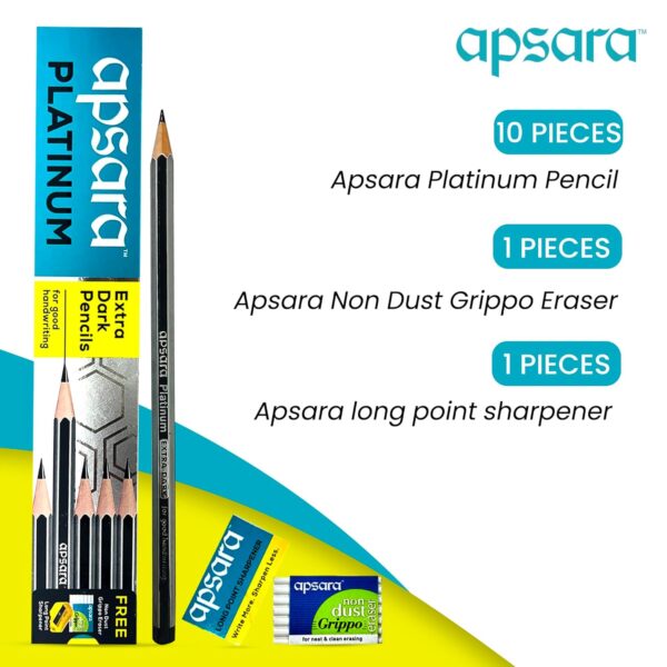 Apsara Platinum Pencils | Hexagonal Body for Strong Grip | Extra Dark | Easy Sharpening |Free Sharpener & Eraser | Non-Toxic | Use for School, College students & office person | Pack of 10 pencils - Image 6