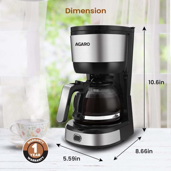 AGARO Royal 4 Big Cups Drip Coffee Maker, 600 Ml Borosilicate Glass Carafe Jar, 750W, Water tank with Level Indicator, Brewer Machine with Cone Filter, Auto Shut Off, Stainless Steel Body, Black - Image 8