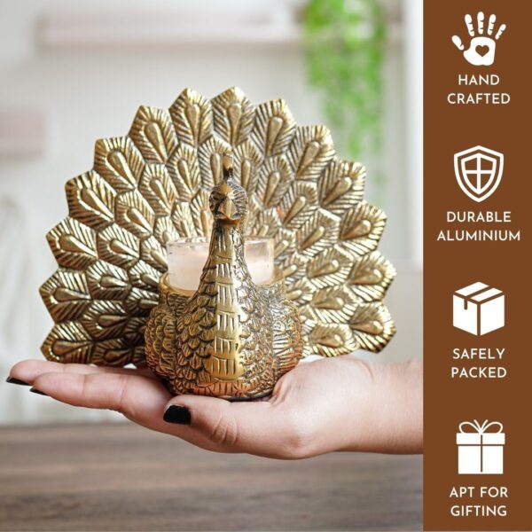 Behoma Metal Dancing Peacock Vastu Figurine for Good Luck and Love | Candle Holder for Home Dcor Tabletop Living Room Office | Showpiece Statue for Gifting (Scented Glass Votive Candle Included), Gold - Image 3
