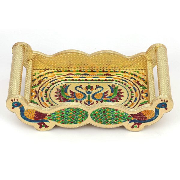VishAl smart MAll Stainless Steel Handmade Meenakari Peacock Design Decorative Glass Set for Home Traditional Indian Style 250 ml Glass (Pack of 6) (Peacock Design Glass with Wooden Tray) - Image 5